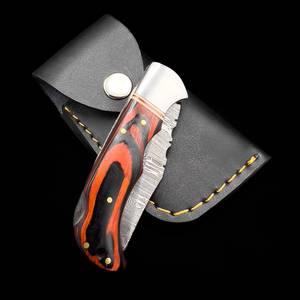 Couteau de poche pliant artisanal sur mesure en acier Damas OEM, EDC, avec système de verrouillage, manche en bois Pakka teinté bicolore et étui en cuir - Product Image 6