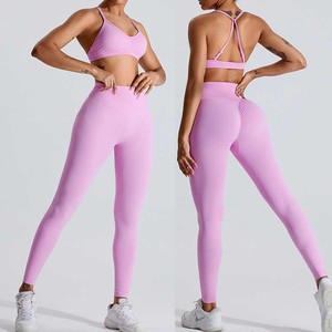 Seamless Mid Elastic Yoga Set <b>Women</b> Crisscross Back <b>Peach</b> Lift Sportswear Tight Fit Breathable Workout Outfit Outdoor Gym - Product Image 3