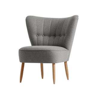 Un fauteuil d'appoint gris moderne avec un dossier capitonné en forme de coquille et des pieds en bois effilés, parfait pour le salon. - Product Image 1