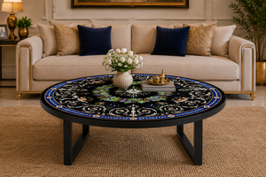 Mesa de Centro Redonda de Mármol Negro Pietra Dura, Diseño Moderno Ecológico para Celebraciones de Despedida y Día de la Independencia - Product Image 3