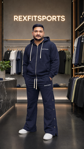 REXFIT SPORTS 2026 Custom Navy <b>Nylon</b> <b>Tracksuit</b> <b>Men</b> Hooded Zip Up Jacket Wide Leg Pants Two Piece Sportswear Set Custom Logo - Product Image 6