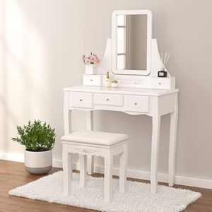 Mecor White Makeup Vanity <b>Set</b> with Square <b>Mirror</b> Cushioned Stool 5 Drawers 3 Removable Divid Wood <b>Dressing</b> <b>Table</b> - Product Image 2