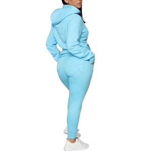 Women Plus Size Light Blue Hooded <b>Tracksuit</b> Full Sleeve Solid Color Casual Jogger Set Side Pockets Elastic Waist - Product Image 3