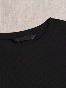 T-shirt côtelé moulant à manches courtes et col rond pour femme, couleur unie, tricoté, décontracté, respirant, avec logo imprimé, printemps-été - Product Image 5