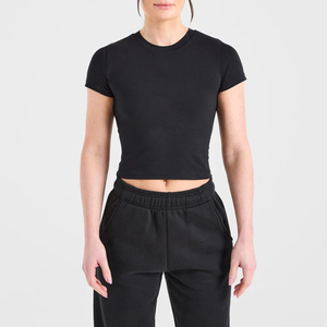 Camiseta de Jersey Negra de Manga Corta para Mujer, Cuello Redondo, Corte Ajustado, Informal, Transpirable, para Todas las Temporadas, Venta al Por Mayor, Última Tendencia - Product Image 1