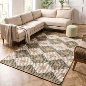 Tapis d'appoint en jute tissé à la main, motif losanges inspiré du style berbère, 9' x 12', pour salon, style scandinave, organique, moderne et luxe discret - Product Image 4