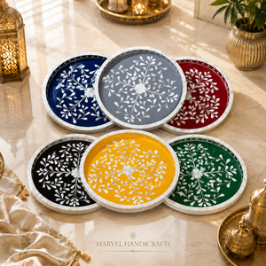 Juego de bandejas para servir con incrustaciones de nácar |   Bandeja Redonda de Madera Hecha a Mano |   Decoración Árabe para el Hogar para el Ramadán y el Eid, Regalo de Lujo para Servir en la Cocina - Product Image 3