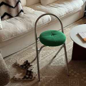 Modern Green Upholstered <b>Stool</b> <b>With</b> Chrome Frame Midcentury Design Living Room Furniture - Product Image 3
