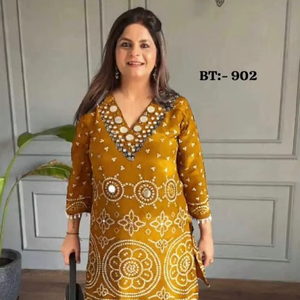 ชุดคุรตะผ้าฝ้ายพิมพ์ลายสำหรับผู้หญิง งานหนัก ทนทาน |   งานออกแบบคอเสื้อ |   ชุดพื้นเมืองที่สวมใส่สบาย |   ชุดลำลองประจำวันและชุดลำลองทั่วไป - Product Image 2