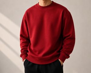 เสื้อสเวตเชิ้ตผู้ชายสีแดง คอตั้ง ทรงหลวม ผ้าถักขนแกะ เป็นมิตรกับสิ่งแวดล้อม แห้งเร็ว สไตล์ลำลอง สตรีทแวร์ เสื้อผ้าฤดูหนาว - Product Image 1