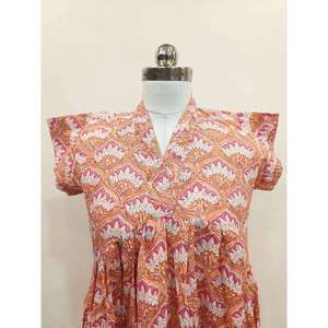 Robe longue en coton imprimé pour femme, manches courtes, imprimé artisanal, col en V, coupe ample naturelle, été - Product Image 4