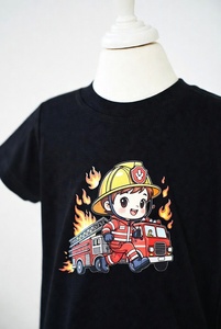 T-shirt noir à manches courtes avec imprimé de dessin animé de pompier sur le devant, logo, style décontracté pour homme, en coton tricoté - Product Image 6