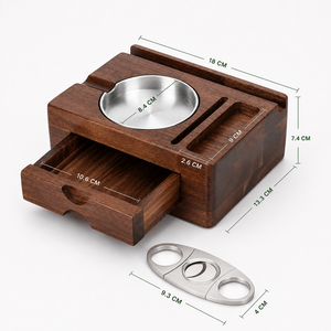 Premium Solid Walnut Wood Cigar Ashtray Organizer with Phone Tablet Holder Drawer <b>Lighter</b> Slot & Cigar Cutter Holder - Product Image 3