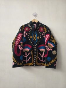 Hand Embroidered Velvet Suzani <b>Jacket</b>, Dark Forest Green Boho Floral Coat, Artisanal Crewel Stitch <b>Short</b> <b>Jacket</b>, Bohemian Velvet - Product Image 1