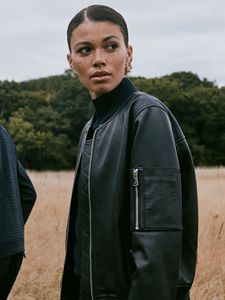 Veste en cuir pour femme, écologique, d'hiver, en cuir de vache uni, courte, imprimée, style motard, avec broderie et bordure en fourrure, imperméable - Product Image 6