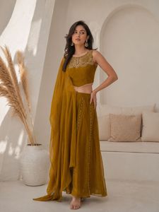 Ensemble Choli Lehenga brodé jaune avec travail de sequins, longueur cheville, robe de soirée et de mariage pour femme - Product Image 3