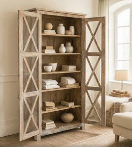 ตู้หนังสือแก้วแกะสลักลายไม้สไตล์อินเดียคลาสสิก หรือตู้เสื้อผ้าแบบโชว์สินค้าสไตล์ชนบทแบบทาสี - Product Image 2