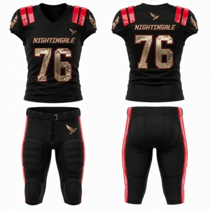 Ensemble d'uniformes de football américain Nightingale, noir, rouge, or, maillot et pantalon sublimés, pour hommes adultes, ajustés, respirants - Product Image 1