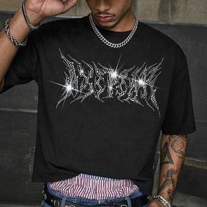 T-shirt d'été de haute qualité 100 % coton, style streetwear, épaules tombantes, personnalisé avec strass, coupe carrée et courte - Product Image 1