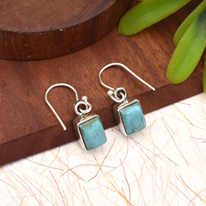 Natural Turquoise Rectangular Cabochon Dangle Earrings 925 <b>Sterling</b> <b>Silver</b> Handmade Minimalist Vintage Boho Gemstone Jewelry - Product Image 1