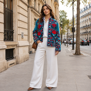 Wholesale Suzani <b>Velvet</b> Embroidered <b>Jacket</b> <b>Women</b> Stand Collar Open Front Floral Boho Coat Handmade Embroidery Cotton Lining - Product Image 2