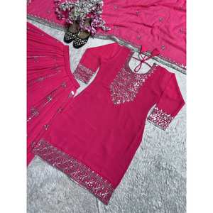 Top de fiesta para mujer de diseñador-Conjunto Plazzo y Dupatta con trabajo de bordado pesado - Product Image 2