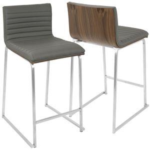 Mara 26\" Contemporary Counter <b>Stool</b> Set of 2 Brushed Stainless Steel & Walnut Wood Grey Faux <b>Leather</b> Modern Bar <b>Stools</b> - Product Image 2
