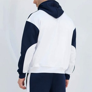 Men's Navy White Color Blocking Hooded <b>Tracksuit</b> Full Length Zipper Casual Wear With Side Pockets Autumn Season - Product Image 4