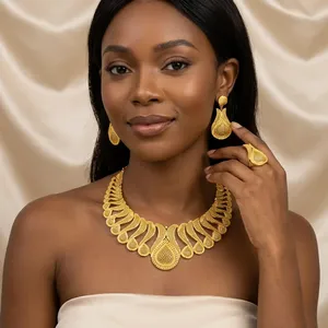 Premium Gold Plated Brass Flower Box Charm Necklace Set-Classic Style Wedding Jewelry Complete Set for Nigerian Women - Product Image 3