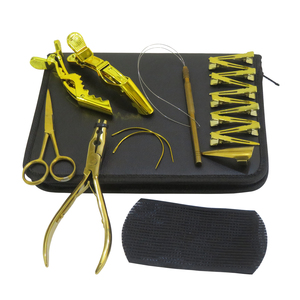 Kit professionnel d'outils de pose de micro-anneaux pour extensions capillaires en acier inoxydable, comprenant des pinces de pose et de retrait de micro-anneaux, et des ciseaux de coupe. - Product Image 4