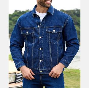 Veste en jean bleu classique pour homme, col rabattu décontracté, boutons sur le devant, couleur unie, coton lavé, coupe classique, style automne - Product Image 5