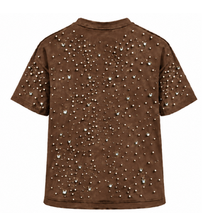 Brown Unisex Pearl T <b>Shirt</b> Short Sleeve Crew Neck Pearl <b>Studded</b> Tee Custom Fashion Casual Streetwear Apparel Clothing - Product Image 2