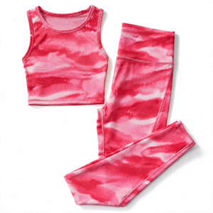 Ensemble de yoga 2 pièces pour femme, tie-dye rose, crop top, leggings taille haute longueur intégrale, dos nageur, col rond, sans couture, en Spandex et Polyester - Product Image 1