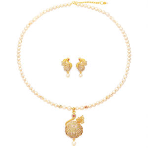Fine <b>Jewelry</b> Bridal <b>Set</b> 20-Inch <b>Pearl</b> Necklace with Golden Peacock Pendant and Earrings - Product Image 2