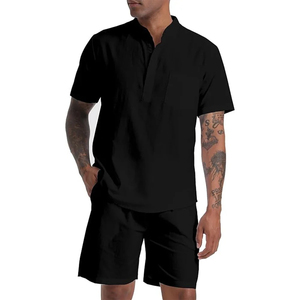 Men's Black Cotton Short Sleeve Henley Shirt & Shorts <b>Set</b> Casual Summer Breathable <b>Knitted</b> 2-Piece Outfit - Product Image 1