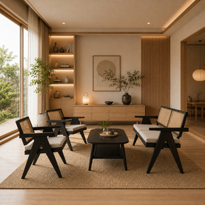 Juego de Muebles de Salón Modernos Escandinavos Malmo de Teca y Ratán con Acabado Negro, Mesa de Centro Ovalada Premium, Estante, Sofá de Mimbre para Hotel o Salón - Product Image 5