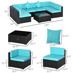 Set da conversazione da esterno in vimini turchese a 7 pezzi con cuscini e tavolo in vetro - Product Image 3