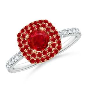 Anillo de Compromiso de Oro Sólido de 14K con Rubí Redondo de Dos Tonos y Doble Halo, Joyería Fina Hecha a Mano y Personalizada para Boda o Compromiso - Product Image 1
