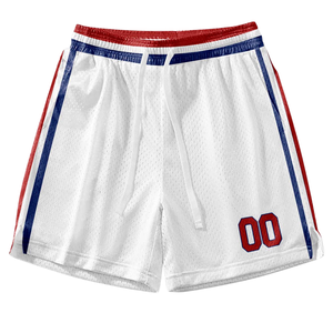Ensemble d'uniformes de basket-ball personnalisés blancs et simples, style rétro, avec bordure rouge et bleue, maillot et short, design rétro avec nom et numéro d'équipe - Product Image 5
