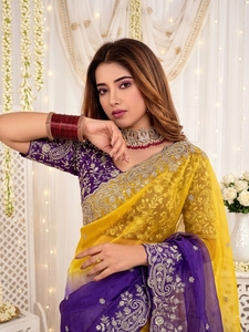 AARA Fashion <b>Purple</b> and Yellow Embroidered Silk <b>Saree</b> with Paisley Border Traditional Drape for Wedding Sun Protection - Product Image 5