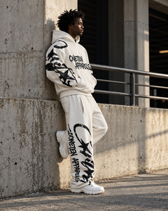 Men's Winter <b>White</b> Hooded Tracksuit Full Length Cotton Streetwear Set Black Print Logo Sleeve Leg Loose Fit <b>Sweatshirt</b> Pants - Product Image 6