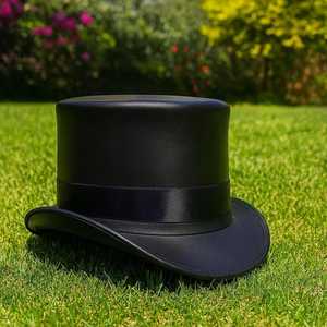 Premium quality custom Handmade Black Leather <b>Top</b> Hat with blue Lining Steampunk Gothic Cosplay - Product Image 2