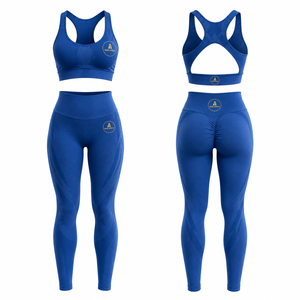 Blue Seamless Women Yoga Set Scrunch Butt Leggings Racerback Sports Bra Gym Activewear Set - Product Image 1