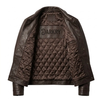 Veste en cuir véritable marron foncé, style trucker, doublée matelassée, logo embossé au dos, poche à bouton pression, veste d'extérieur