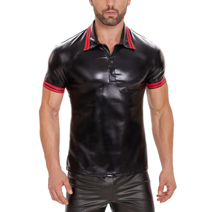 T-shirt en cuir brillant pour homme grande taille, haut en cuir verni, col rabattu, coupe slim, t-shirt court décontracté - Product Image 1
