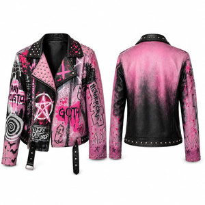 Men's Punk Leather Motorcycle <b>Jacket</b> With Rainbow Patches And Spikes Turn-down Collar Zipper Closure Autumn Wear - Product Image 4