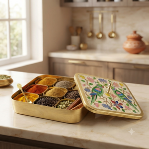 Handmade Brass Parrot Floral Square Masala <b>Box</b> Luxury Indian Spice Container Decorative Kitchen Storage Wholesaler - Product Image 3