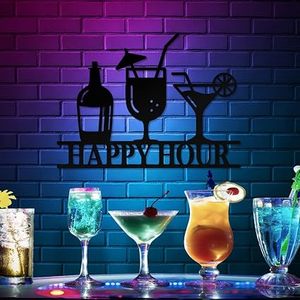 ป้ายโลหะตกแต่งผนัง Happy Hour พร้อมรูปเงาค็อกเทล สไตล์โมเดิร์นแกลม สำหรับตกแต่งผนัง - Product Image 1