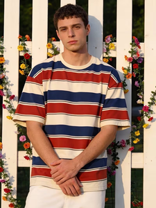 T-shirt pour homme en coton 100% à rayures teintes en fil, couleur personnalisée sur la poitrine, coupe ample, épaules tombantes, surdimensionné, t-shirt du Bangladesh - Product Image 2