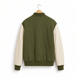 Veste universitaire unisexe vert olive, manches 100% laine, col montant, fermeture boutonnée recouverte, décontractée, coupe-vent d'hiver, devant en coton - Product Image 3